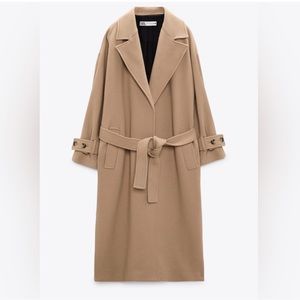 Zara Belted Wool Blend Coat in Taupe Brown